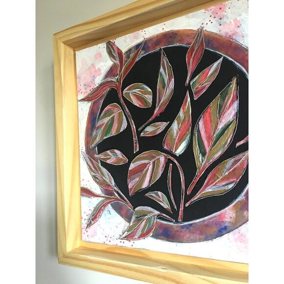 Pink Plant Painting - Boho Plant Art in Floating Wood Frame, Modern Office Decor - Picture 6 of 9